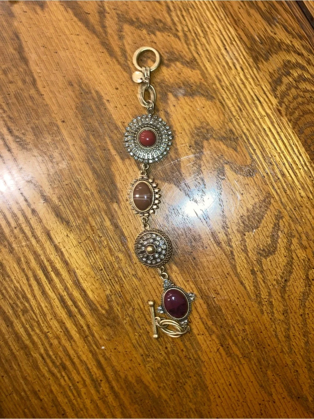 LOFT Gold-Tone Bracelet with Brown  & Red Cabochons and Crystal Discs & Toggle